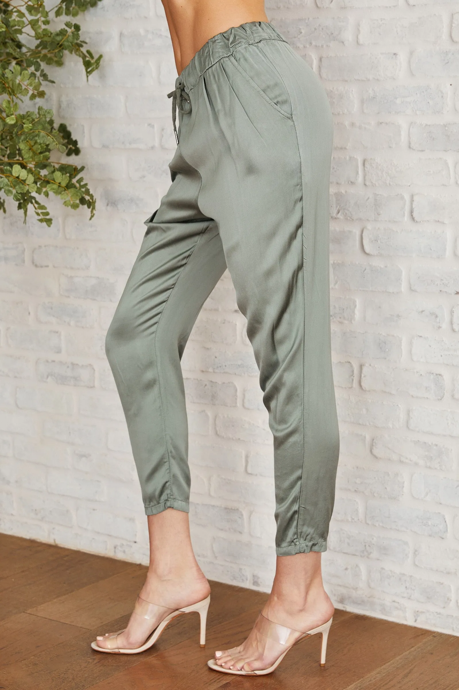 Viscose Solid Silky Pants- Army Green
