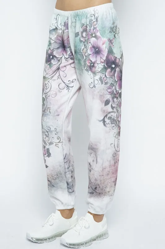 Vocal Floral Print Soft Brush Lounge Pants - Multi White
