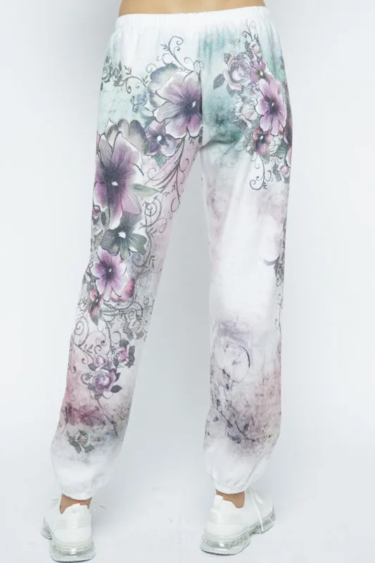 Vocal Floral Print Soft Brush Lounge Pants - Multi White