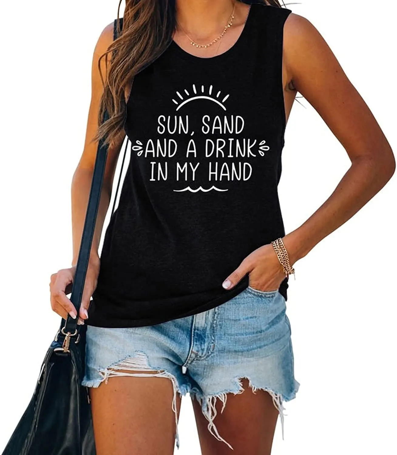Women Sun Sand and A Drink in My Hand Tank Top Cute Graphic Shirt