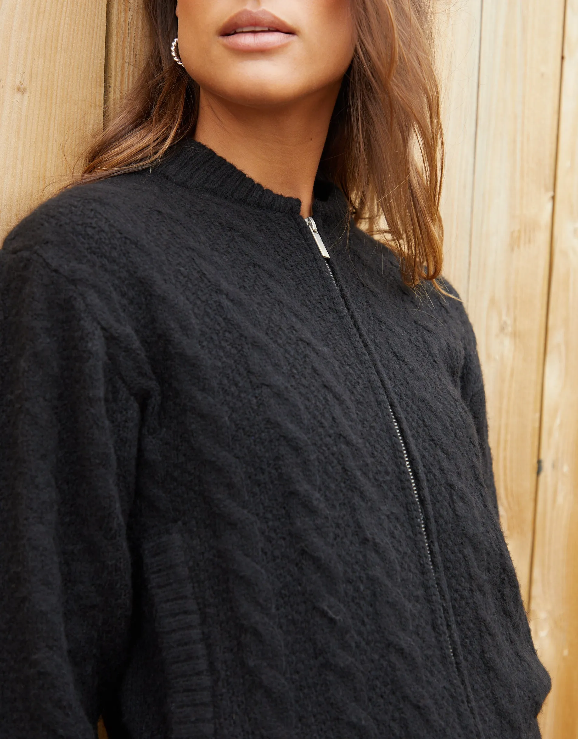 Women's Black Cable Knit Zip-Up Bomber Jacket