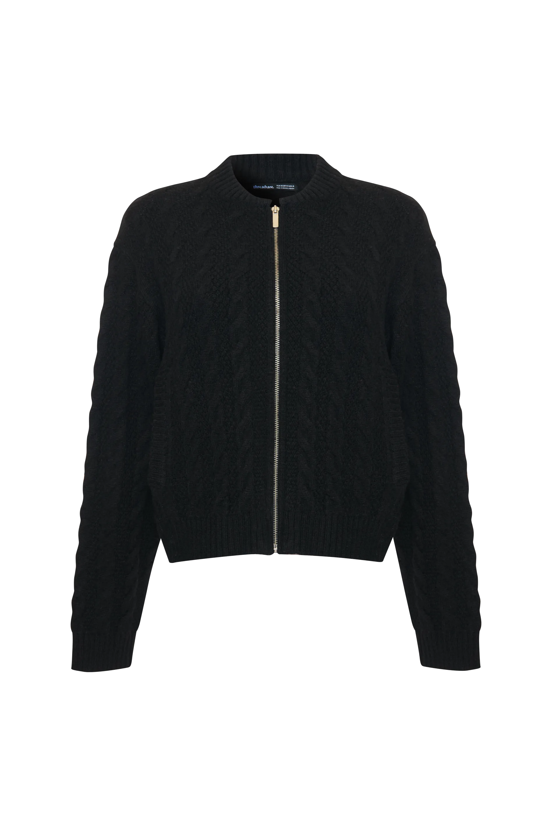 Women's Black Cable Knit Zip-Up Bomber Jacket