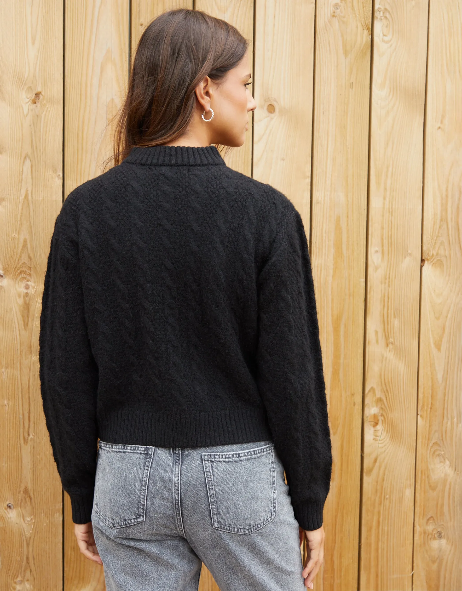 Women's Black Cable Knit Zip-Up Bomber Jacket