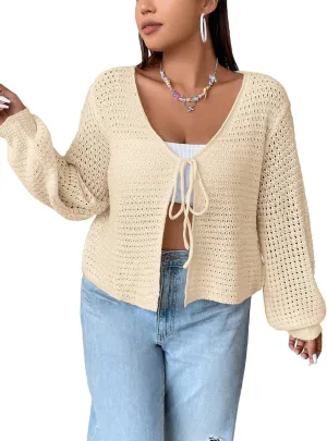 Women's Plus Size Cardigan Boutique Summer Top Hollow Out Open Knit Sweater Ladies Tie Front Shrug, Go with Tank Top