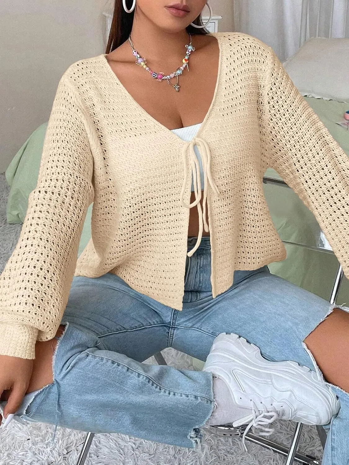 Women's Plus Size Cardigan Boutique Summer Top Hollow Out Open Knit Sweater Ladies Tie Front Shrug, Go with Tank Top