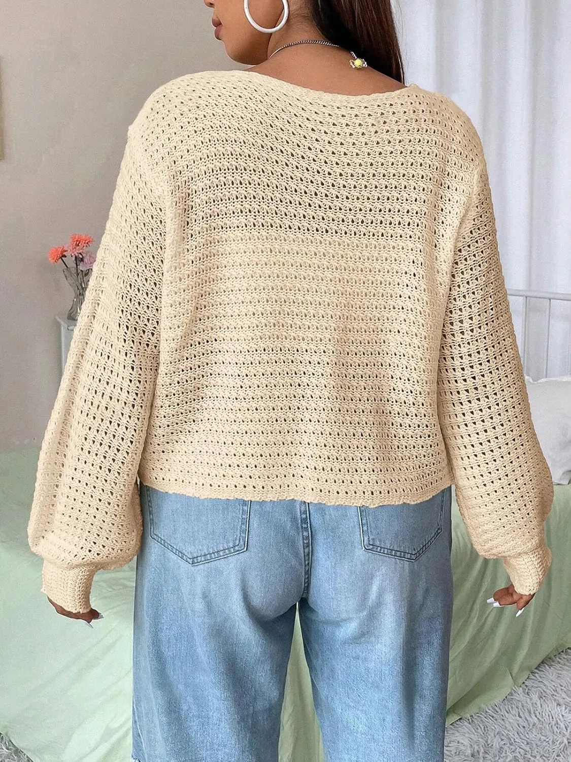 Women's Plus Size Cardigan Boutique Summer Top Hollow Out Open Knit Sweater Ladies Tie Front Shrug, Go with Tank Top
