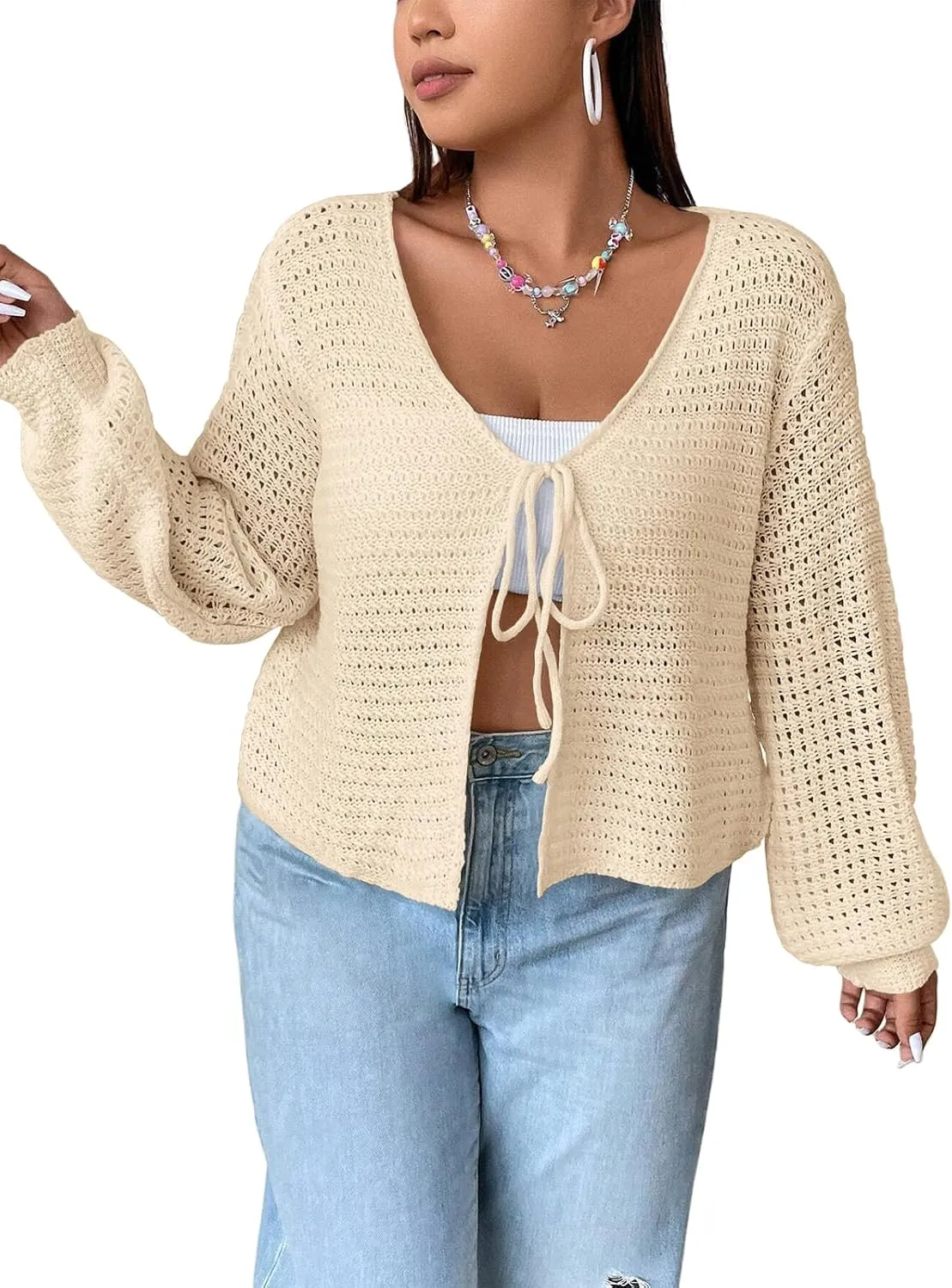 Women's Plus Size Cardigan Boutique Summer Top Hollow Out Open Knit Sweater Ladies Tie Front Shrug, Go with Tank Top