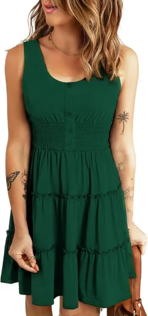 Yajedo Womens Summer A Line Dress Sleeveless Casual Loose Swing Button Down Beach Mini Tank Tiered Dress