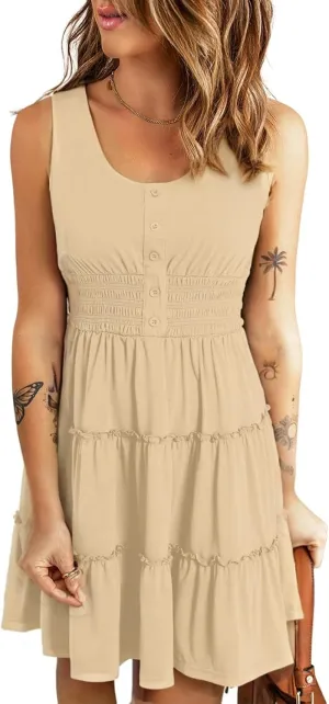 Yajedo Womens Summer A Line Dress Sleeveless Casual Loose Swing Button Down Beach Mini Tank Tiered Dress