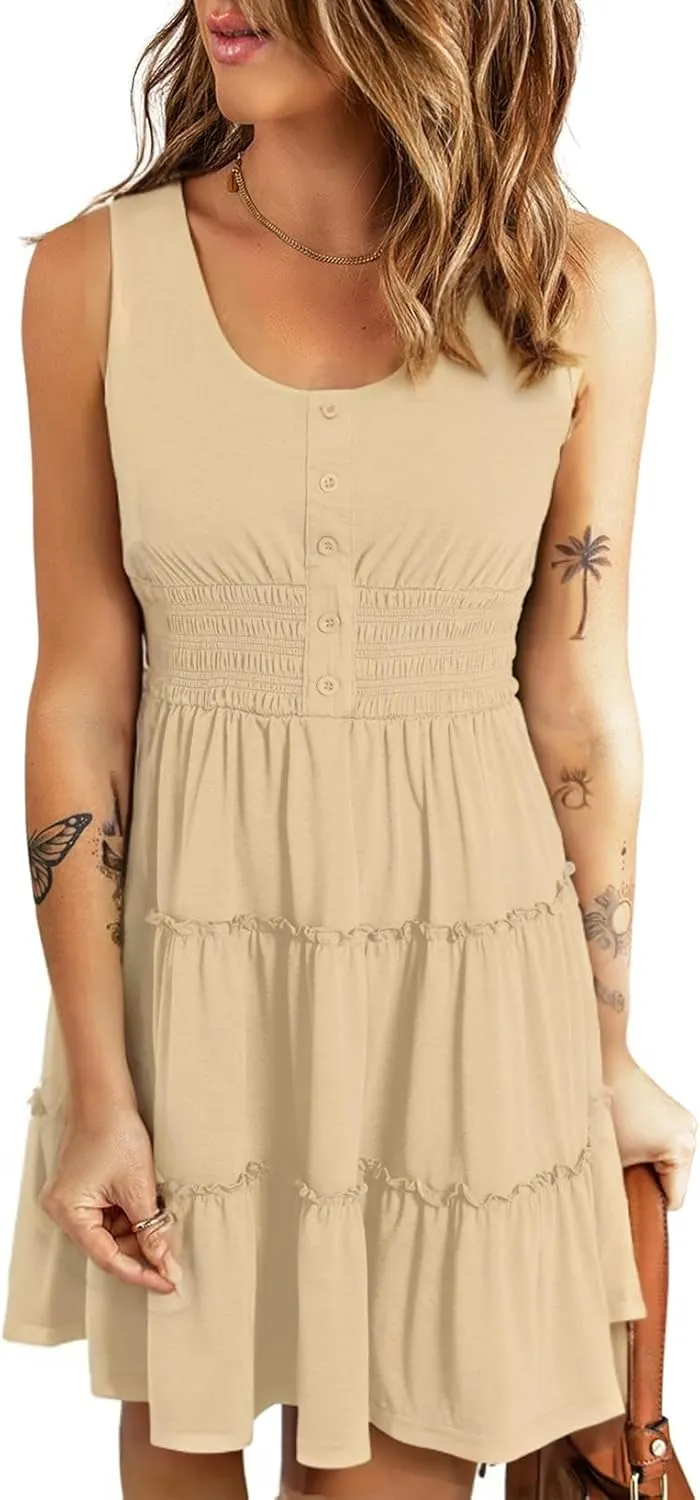 Yajedo Womens Summer A Line Dress Sleeveless Casual Loose Swing Button Down Beach Mini Tank Tiered Dress