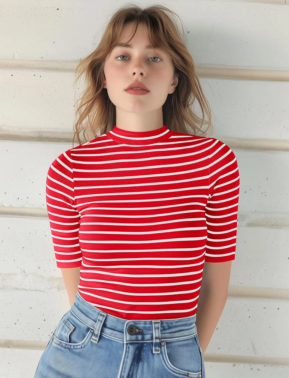 Zengjo Short Sleeve Turtleneck Women Striped T Shirt,Ribbed Mock Neck Top