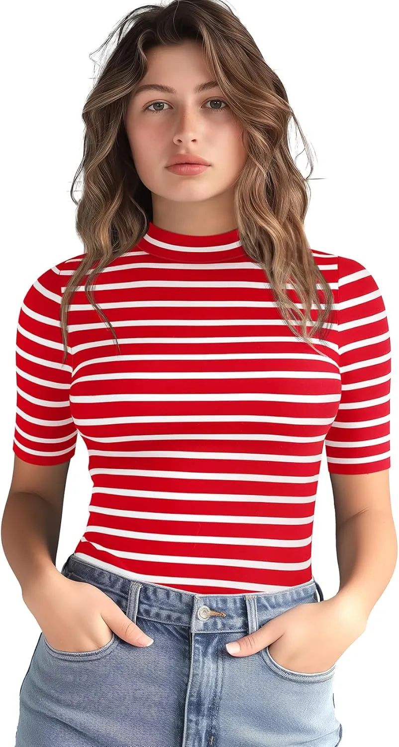 Zengjo Short Sleeve Turtleneck Women Striped T Shirt,Ribbed Mock Neck Top