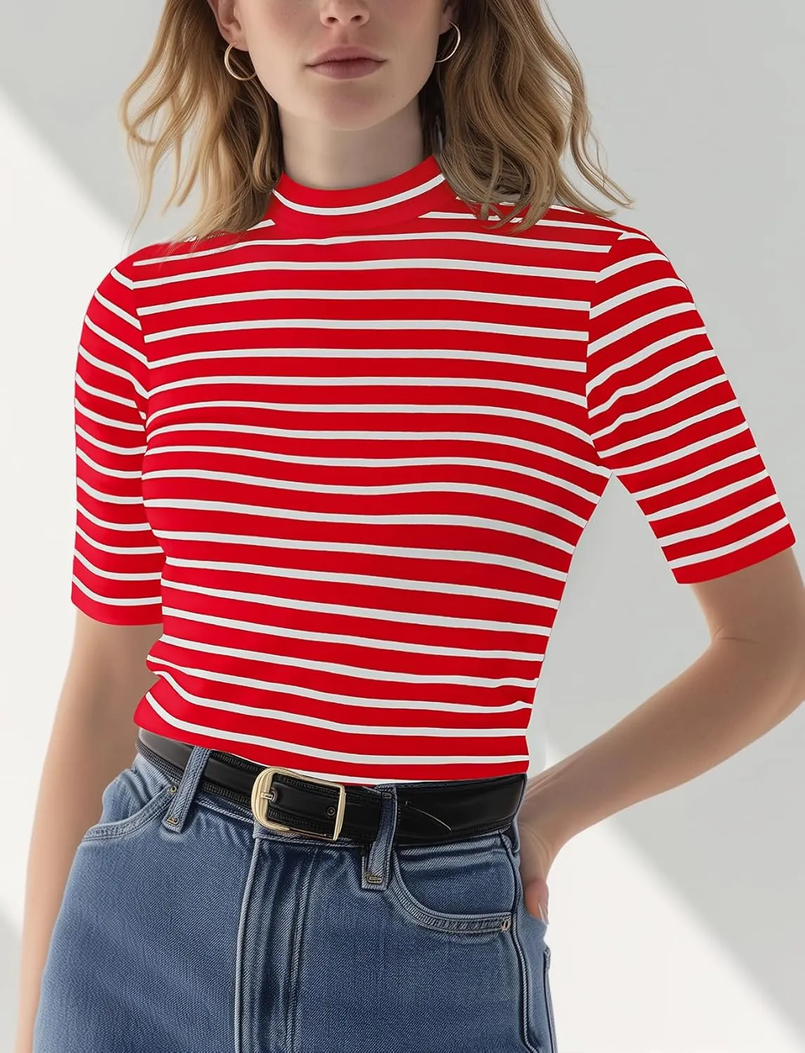 Zengjo Short Sleeve Turtleneck Women Striped T Shirt,Ribbed Mock Neck Top