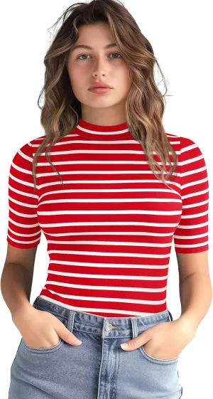 Zengjo Short Sleeve Turtleneck Women Striped T Shirt,Ribbed Mock Neck Top